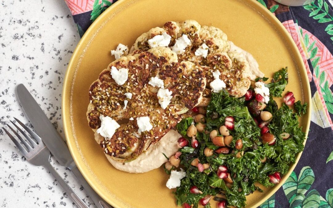 CAULIFLOWER STEAKS WITH KALE AND CHICKPEAS